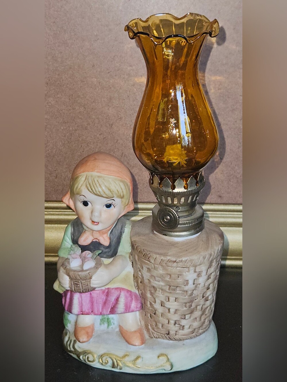 Vintage Bisque Porcelain Peasant Girl w/ Decorated Cake Oil Lamp Figurine LeMeur